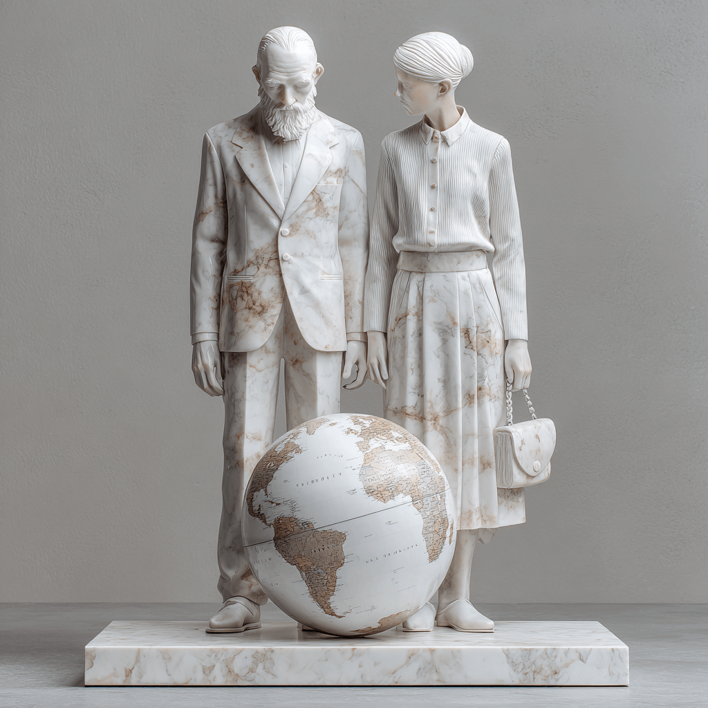 Marmorstatue eines Mannes und einer Frau, die neben einer Weltkugel auf einem rechteckigen Sockel vor einem grauen Hintergrund stehen.