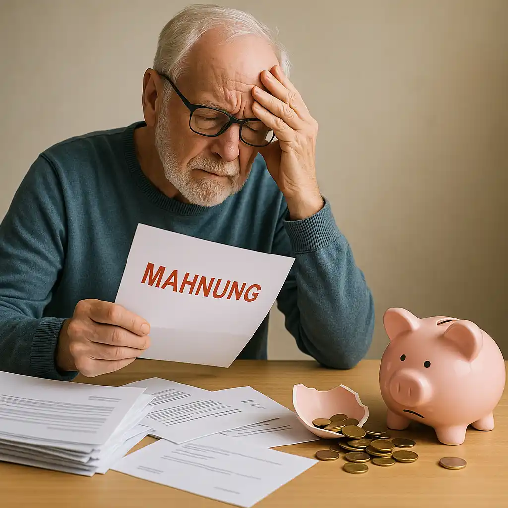 Ein älterer Mann schaut besorgt auf einen Geldschein mit der Aufschrift MAHNUNG, der neben einem zerbrochenen Sparschwein und Finanzpapieren liegt.