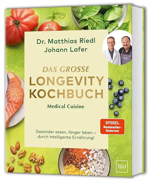 Longevity-Kochbuch Buchumschlag von Das große Longevity Kochbuch mit Gemüse, Getreide und Fotos der Autoren auf grünem Hintergrund.