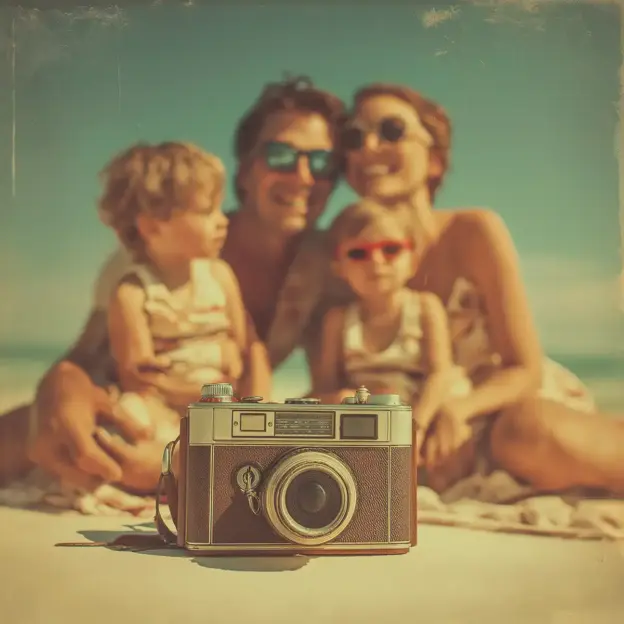 Eine alte Kamera im Fokus mit einer unscharfen vierköpfigen Familie am Strand im Hintergrund.