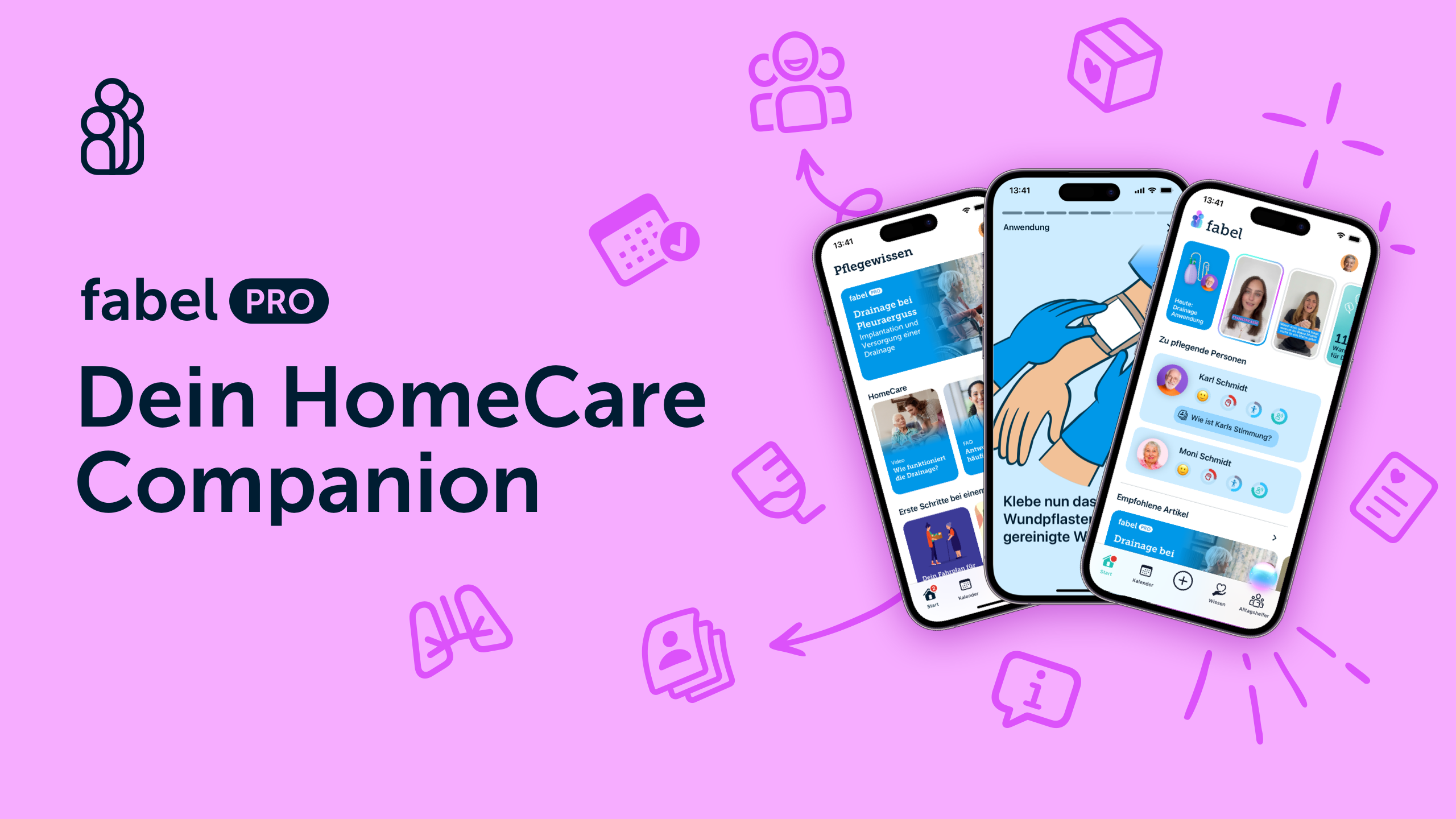 Drei Smartphones zeigen die Fabel PRO HomeCare App, die Pflege und Verantwortung auf einem lila Hintergrund symbolisiert.