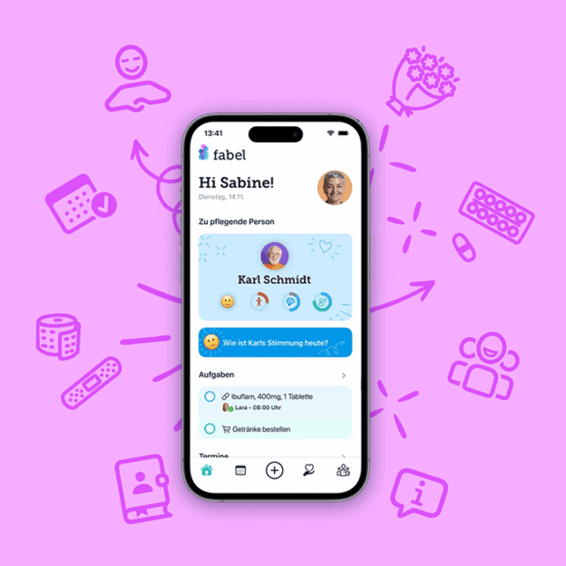 Ein Smartphone zeigt auf einem lilafarbenen Hintergrund eine App für Pflegende Angehörige