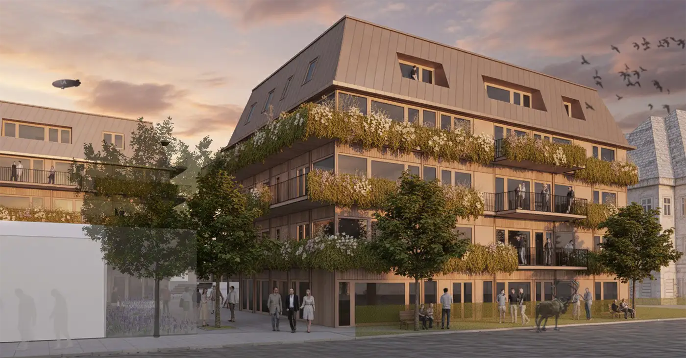 Modernes vierstöckiges Gebäude mit begrünten Balkonen, Menschen, die in der Nähe spazieren gehen, und einem Luftschiff am Himmel.