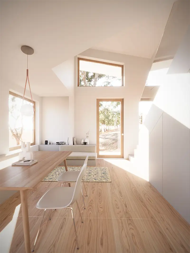 Modulares-Wohnprojekt-Portugal-Urban-Cell_Interior Minimalistischer Essbereich mit Holztisch, weißen Stühlen und großen Fenstern, die natürliches Licht hereinlassen.