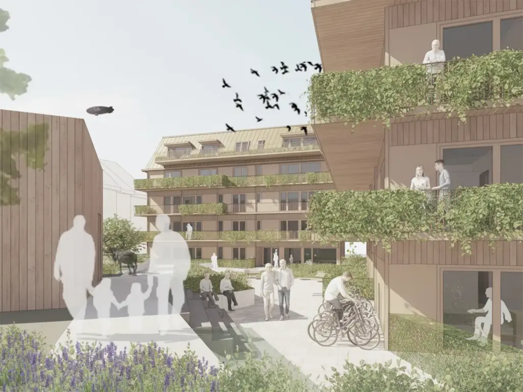 Architektonisches Rendering eines modernen Wohnkomplexes mit Grünflächen, Balkonen und Menschen in gemeinschaftlichen Außenbereichen.