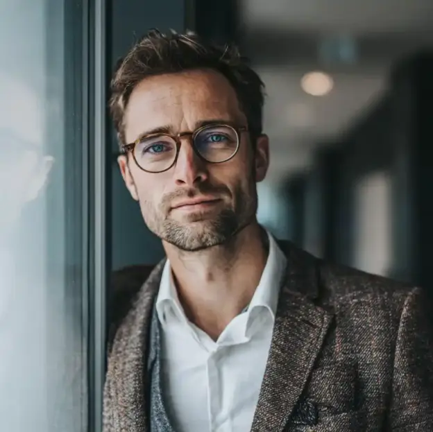 Ein Mann mit Brille und Bart in einer Anzugsjacke steht in einem Innenraum und lehnt an einer Glaswand.