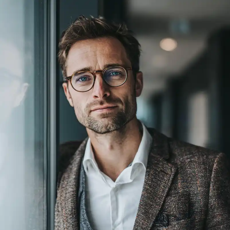 Ein Mann mit Brille und Bart in einer Anzugsjacke steht in einem Innenraum und lehnt an einer Glaswand.