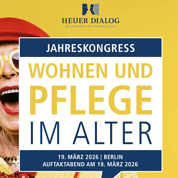 Plakat für den Jahreskongress Wohnen und Pflege im Alter, 19. März 2026, in Berlin - Schwerpunkt Wohnen und Pflege im Alter.