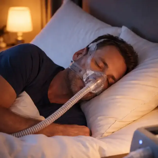 Mann, der im Bett schläft und eine CPAP-Maske gegen Schlafapnoe trägt