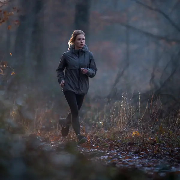 Eine Person joggt auf einem Waldweg in kühlem, gedämpftem Licht, umgeben von Bäumen und Herbstlaub.