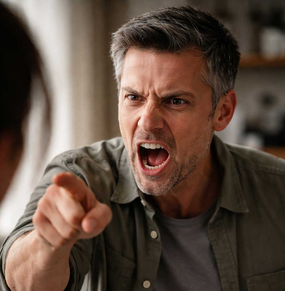 Ein Mann mit grauem Haar und Bartstoppeln schreit wütend und zeigt mit dem Finger auf jemanden, der nicht im Bild ist.