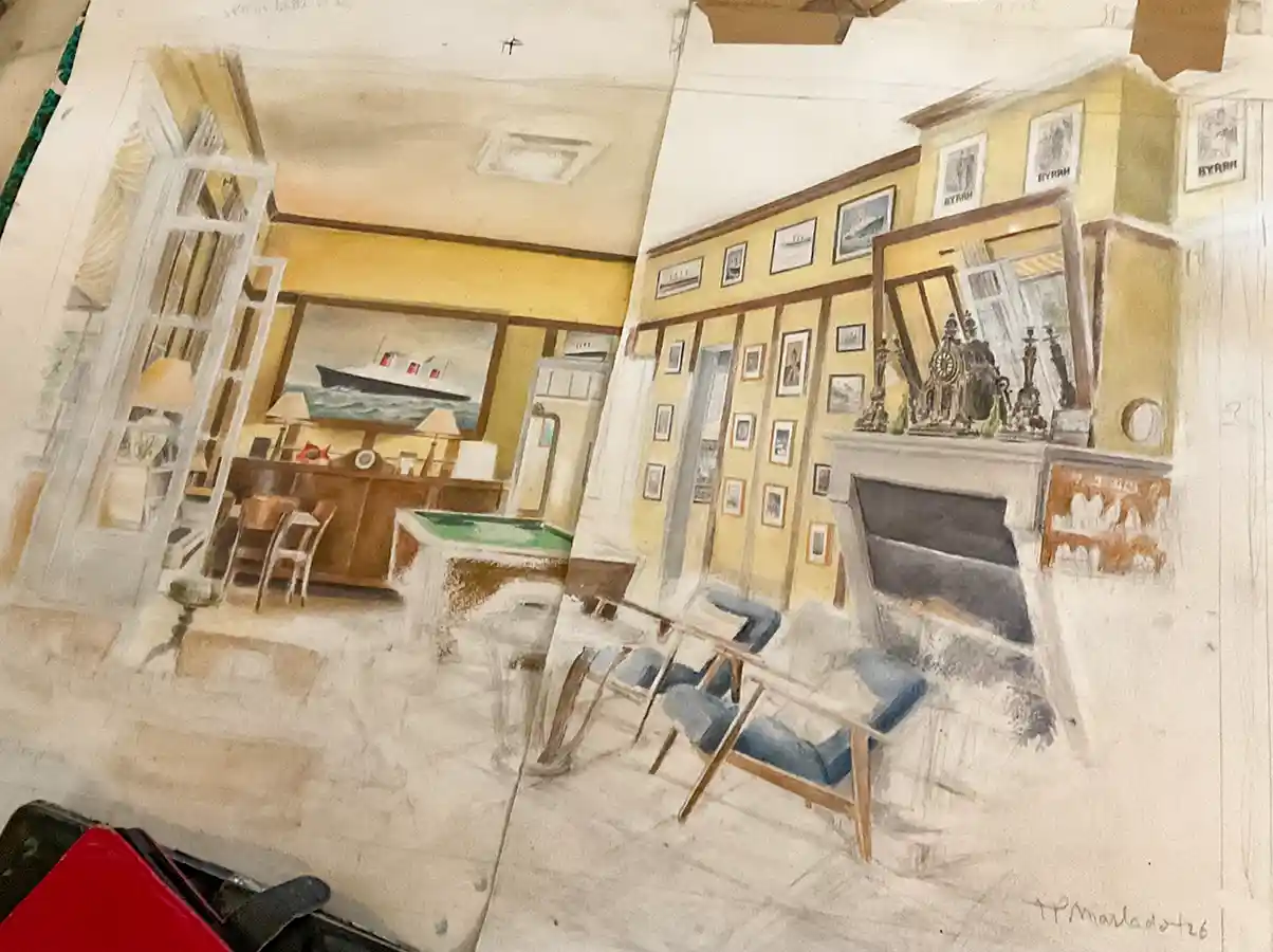 Aquarell-JP-Marladot-Hotel-des-Pins Eine realistische Zeichnung eines Wohn- und Küchenbereichs mit Stühlen, gerahmten Bildern und einem Kamin, die gerade entsteht.