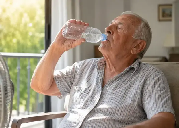 Ein älterer Mann sitzt drinnen und trinkt Wasser aus einer Plastikflasche, während Sonnenlicht durch ein Fenster hereinströmt.