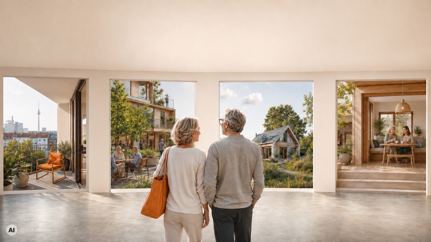 LIVVING-Umfrage-Wohnen-im-Alter Ein älteres Ehepaar steht drinnen und blickt durch vier große Fenster auf verschiedene Szenen im Freien und im Haus.