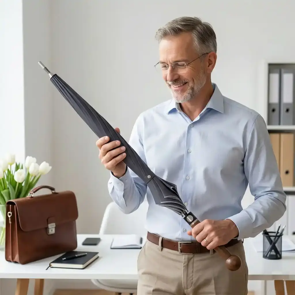 Ein lächelnder Mann in einem Büro hält einen geschlossenen Regenschirm in der Hand und steht neben einem Schreibtisch, auf dem eine Aktentasche und Blumen liegen.