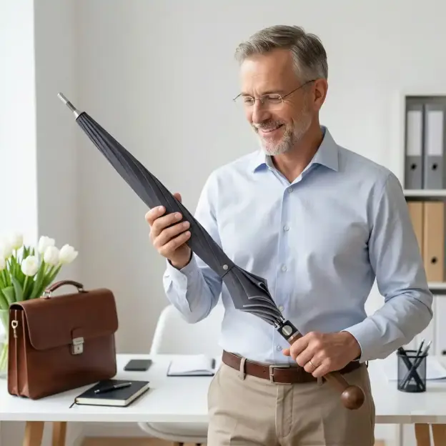 Ein lächelnder Mann in einem Büro hält einen geschlossenen Regenschirm in der Hand und steht neben einem Schreibtisch, auf dem eine Aktentasche und Blumen liegen.