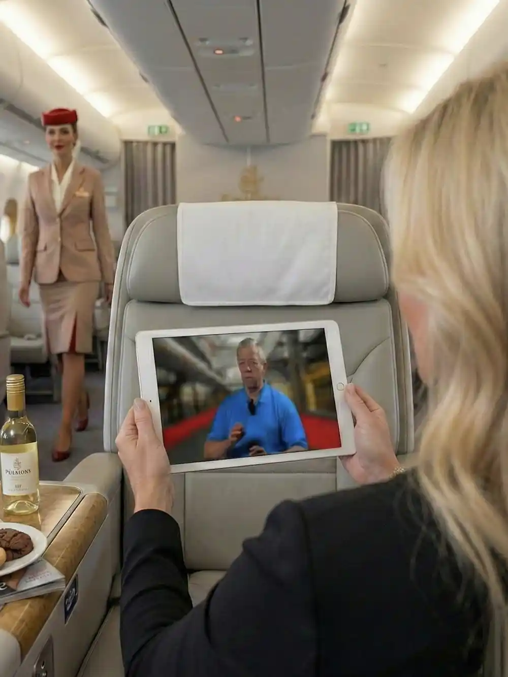 Sicherheitsschirm-videokurs Eine Person, die sich in einer Flugzeugkabine auf einem Tablet ein Video ansieht; eine Flugbegleiterin und die Annehmlichkeiten sind zu sehen.