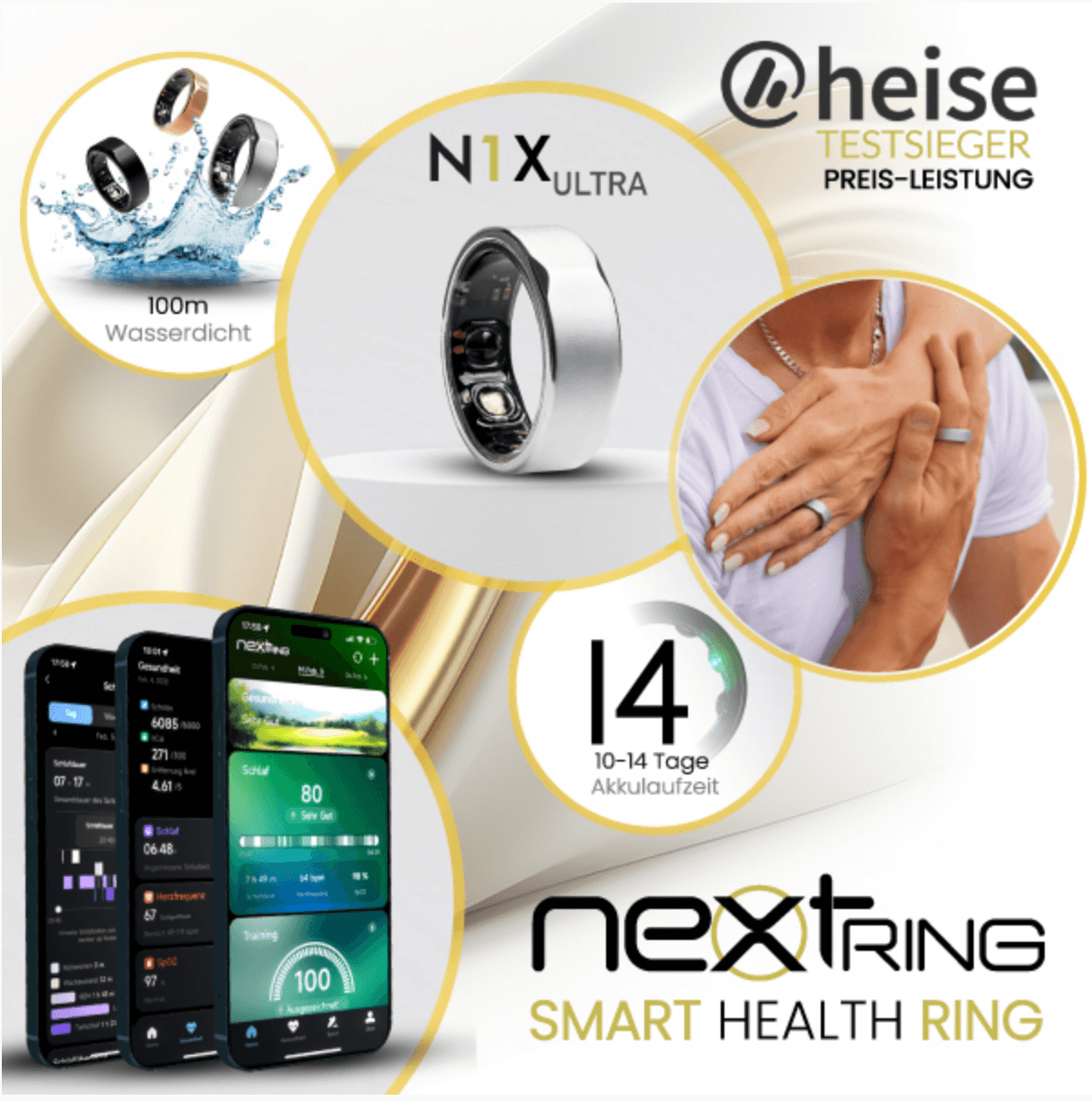 nextring-smart-health-ring Werbung für den Nextring Smart-Health-Ring, in der der Ring, die mobile App, die Wasserdichtigkeit und die Akkulaufzeit vorgestellt werden.