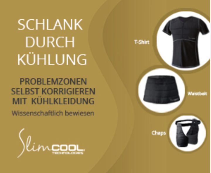 slim-cool. Deutsche Werbung für Kühlkleidung mit einem T-Shirt, einem Hüftgurt und Chaps vor goldenem Hintergrund.