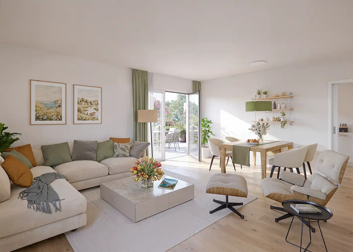 Seniorenwohnanlage-Grosspoesna-Wohnzimmer Modernes Wohn- und Esszimmer mit beigen Möbeln, großen Fenstern und Zugang zu einem sonnigen Balkon.