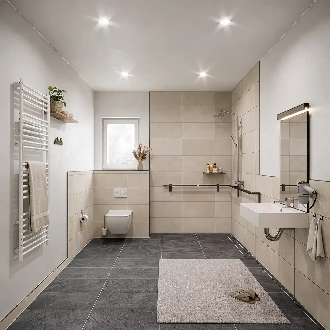 Seniorenwohnen-Grosspoesna-Bad Modernes, barrierefreies Badezimmer mit wandmontiertem Waschbecken, ebenerdiger Dusche, Haltegriffen und einem dezenten Fliesendesign.