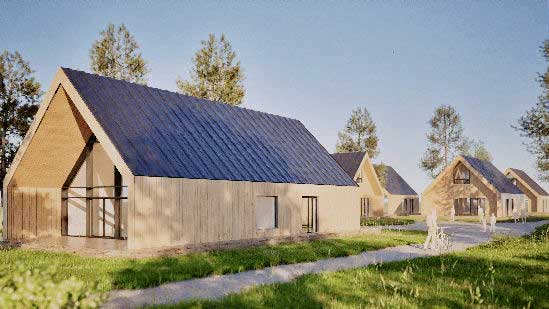 Gutleben-Buettnersdorf-Planung-1 Entlang eines Weges in einer grasbewachsenen, von Bäumen gesäumten Gegend reihen sich mehrere moderne Holzhäuser mit dunklen Dächern aneinander.