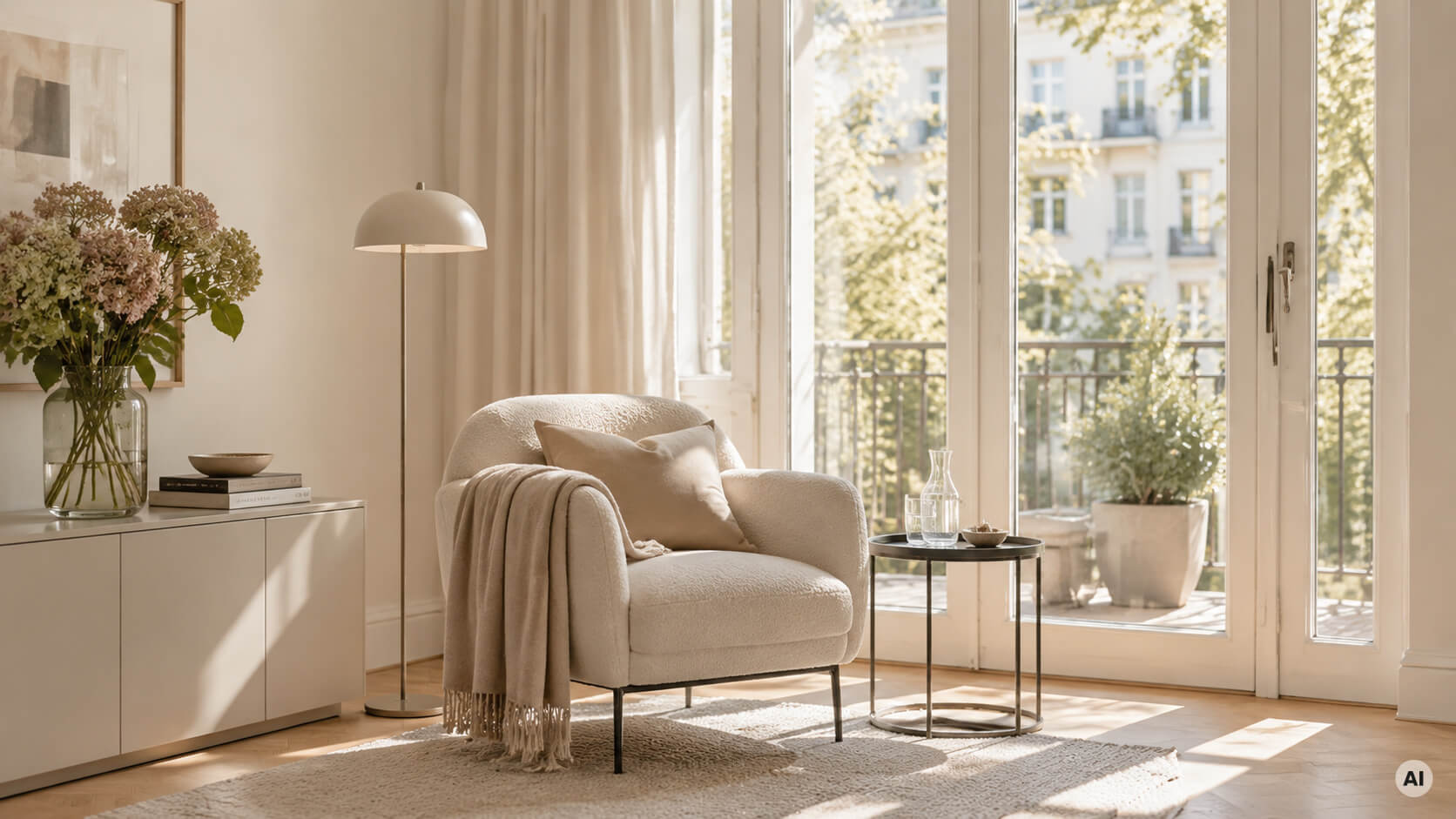 Heller skandinavischer Wohnbereich am Fenster Ein cremefarbener Sessel mit einer Decke und einem Kissen, der in einem sonnendurchfluteten Raum neben einer Balkontür steht.