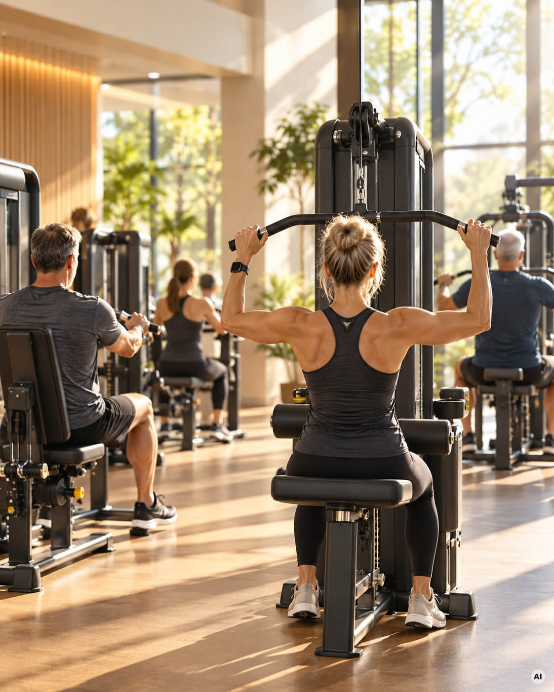 Krafttraining-ab-50 Menschen, die an Kraftgeräten in einem hell beleuchteten Fitnessstudio trainieren.